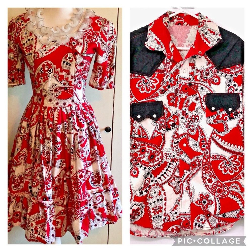 Vintage Handmade Square Dance Outfit Matching Mens Womens Used 2 Piece Red Black